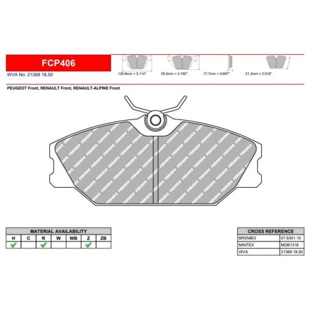 Plaquettes frein avant FERODO DS2500 FCP406H Renault Clio 2 RS 2.0 16V / Spider (étriers LUCAS/TRW)