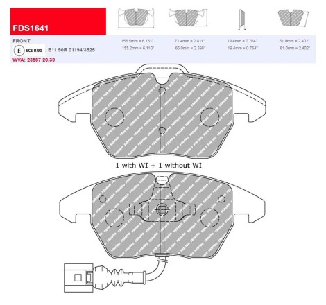 Plaquettes frein avant FERODO DS UNO FCP1641Z pour Peugeot 207 RC / 208 GTi 200/208cv (étriers ATE)
