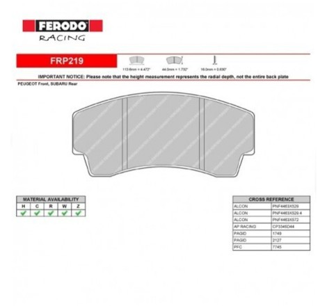 Plaquettes de frein avant FERODO DS2500 FRP219H pour Peugeot 206 XS / RC / GTi 180