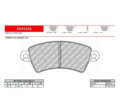 Plaquettes de frein avant FERODO DS2500 FCP1370H pour Peugeot 206 S16 GTi / CC (étriers BOSCH)