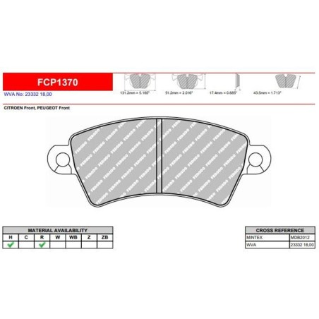 Plaquettes de frein avant FERODO DS2500 FCP1370H pour Peugeot 206 S16 GTi / CC (étriers BOSCH)