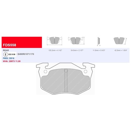 Plaquettes frein arrière FERODO DS3000 FCP558R Peugeot 206 CC XS S16 / Renault Clio I 16V RSi Williams (étriers BENDIX)