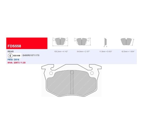Plaquettes frein arrière FERODO DS3000 FCP558R Renault Clio 2 16V RS / Super 5 GT Turbo (étriers BENDIX)